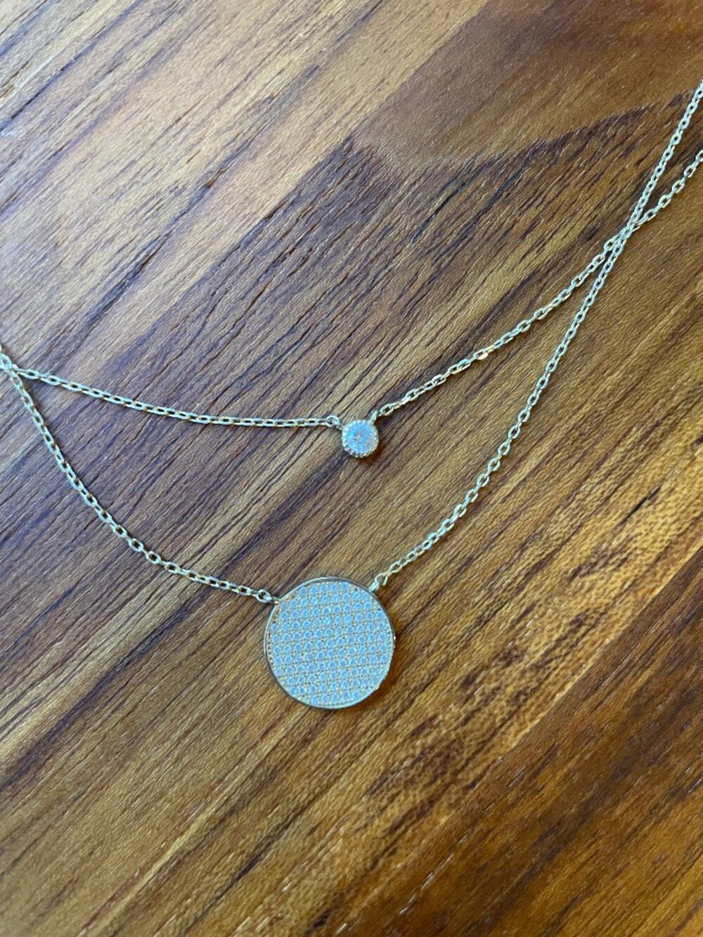 925 Sterling Silver Layered Pavé Disc Necklace Gold Tone